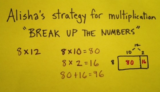 Image of teacher-made classroom sign which says Alisha's strategy for multiplication, break up the numbers, 8 times 12, 8 times 10 equals 80, 8 times 2 equals 16, 80 plus 16 equals 96, then shows an array model of that equation.